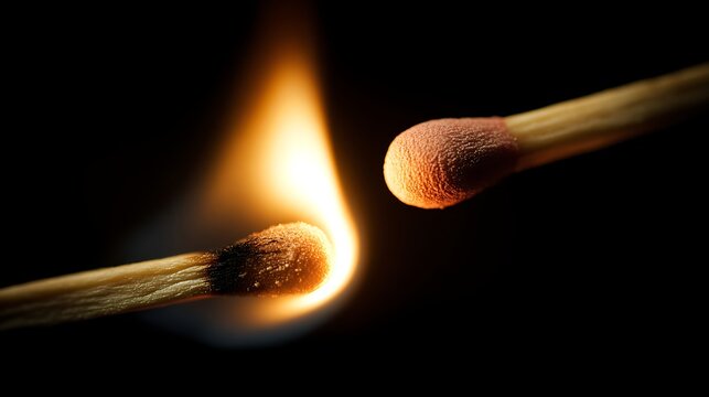 Close up of one burning match igniting another match head with a bright orange flame against a dark background