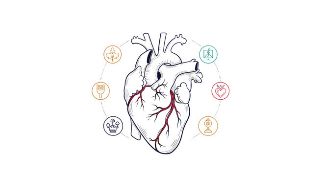 Anatomical heart illustration surrounded by symbolic circular ornaments and celestial elements.