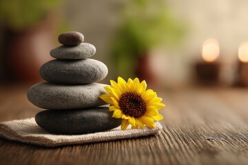 Celebrate National Relaxation Day with a serene arrangement of stacked stones and a vibrant sunflower on a rustic wooden surface, enhancing a calming wellness atmosphere