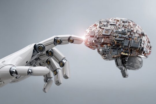 Futuristic interaction between a robotic hand and a digital brain illustrating artificial intelligence and advanced technology concepts - Powered by Adobe