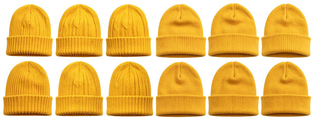 Warm Yellow Knitted Winter Hat Collection — Transparent PNG Set