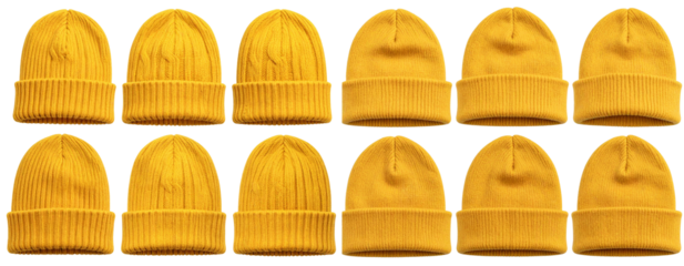 Warm Yellow Knitted Winter Hat Collection — Transparent PNG Set