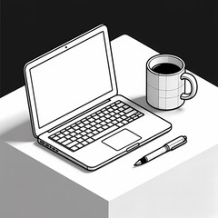 Isometric Line Art Office Objects Minimalist Illustration.