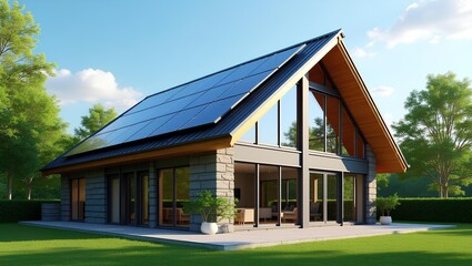a sustainable modern green home with solar roof panels, large glass windows, surrounded by lush greenery under clear blue sky.