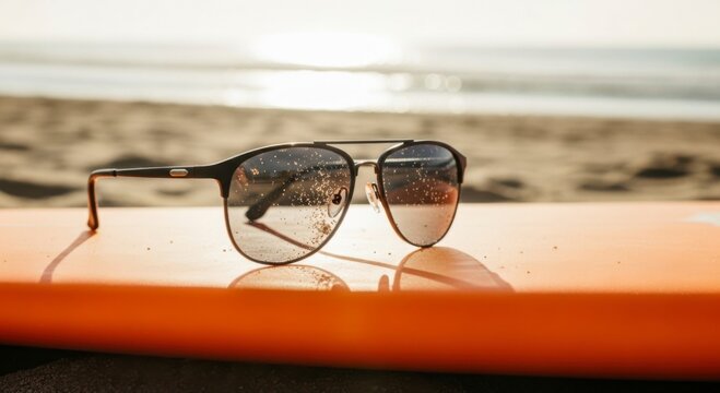 Stylish aviator sunglasses resting on a vibrant orange surfboard at a sun-kissed beach reflecting the golden horizon