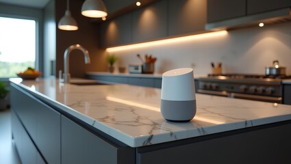 a minimal smart kitchen interior featuring a compact voice assistant device on sleek stone countertop with warm lighting accents.
