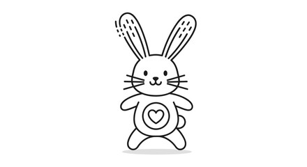 Obraz premium A simple outline drawing of a cute bunny character with a heart on its chest is standing on its hind legs with its front paws outstretched as if dancing or waving happily.