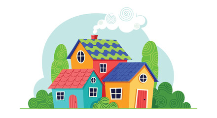 Naklejka premium A charming collection of colorful homes nestled amongst green trees.