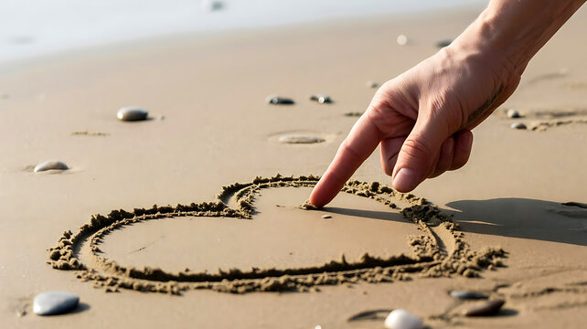 Vacation concept of someone drawing a symbol of love on the sunny seashore
