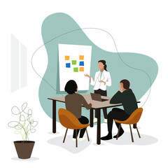 A group of tech employees in a meeting, brand strategy, user experience, discussing flow chart, vector illustration, training leadership, brainstorming