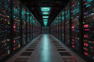 Server room with illuminated node base programming setup showcasing advanced technology and data management
