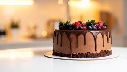 Chocolate Cake with Fresh Berries on Marble Counter in Warm Café Setting