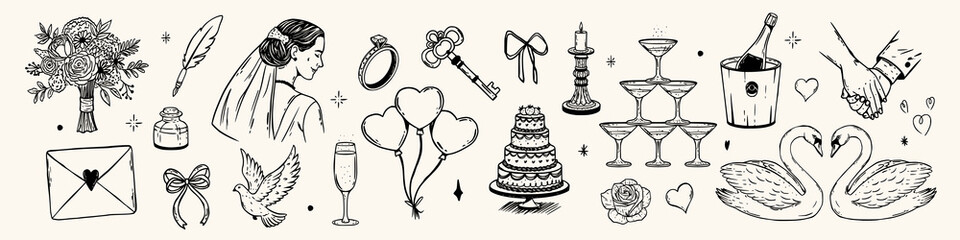 Whimsical wedding romance collection. Vintage hand drawn bouquet, bride, ring, key, cake, balloons, champagne, swan couple and party sketch icons. © MandarinkaArt