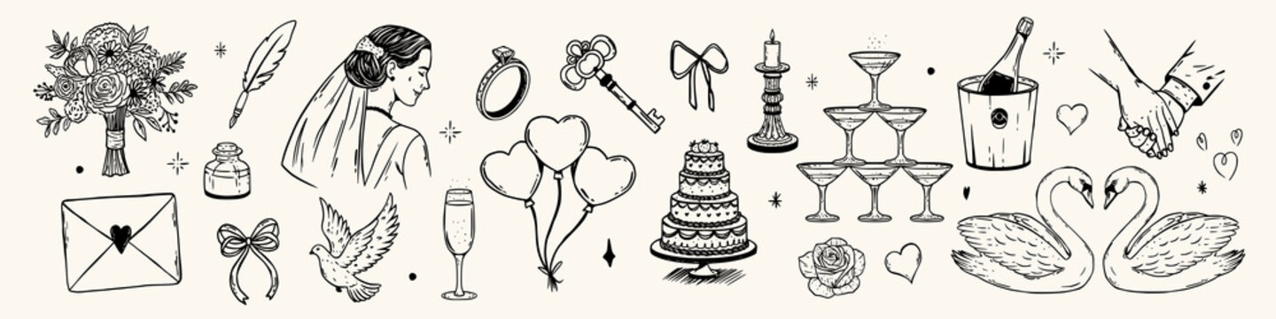 Whimsical wedding romance collection. Vintage hand drawn bouquet, bride, ring, key, cake, balloons, champagne, swan couple and party sketch icons.