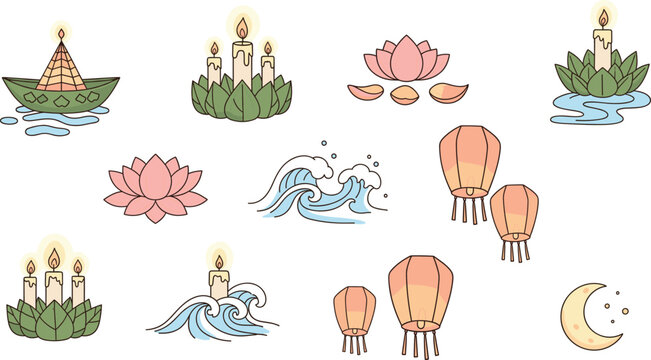 Hand-Drawn Floating Lantern Icons: Cute Sky Festival, Celebration & Lantern Doodle Vector Set