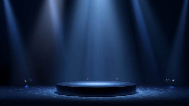 Empty circular stage podium illuminated by dramatic blue spotlights creating an atmospheric and futuristic presentation backdrop