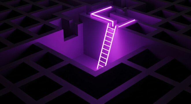 Abstract purple neon ladder escape from dark maze conceptual illustration