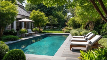 Stylish pool area with lounge chairs surrounded by vibrant greenery offers a relaxing escape in a lush garden setting