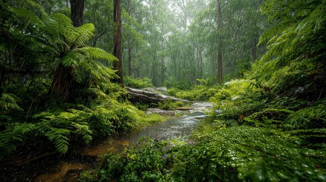 Rain falls gently on lush green ferns and a small stream flowing through a serene forest landscape in the midst of a rainy day