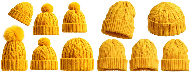 Yellow Winter Hat Set — Cozy Knitted Beanies on Transparent PNG