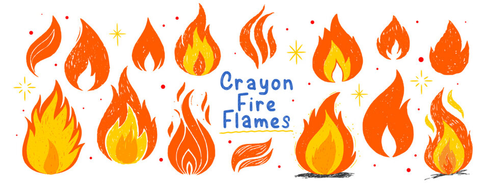 Set of crayon drawn fire flames. Grunge style elements with scribble texture.