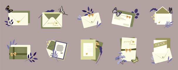 Envelope cards icons vector bundle set. a variety of envelope styles, open mail, greeting cards, message icons, and postal elements.