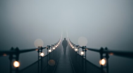 Person Walking on a Foggy Suspension Bridge with Soft Lights and Misty Atmospheric Blur