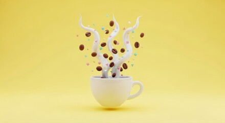 A whimsical 3D rendering of a white coffee cup with rising steam tendrils, coffee beans, and colorful sprinkles on a vibrant yellow background.