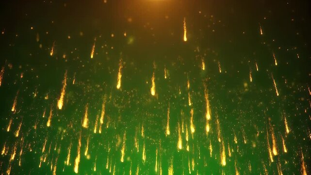 Abstract golden fireballs raining down on a dark green shimmering background with tiny dust particles floating