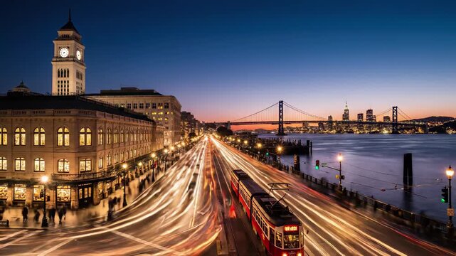 San Franciscos Embarcadero at Dusk Captures Urban Vitality, Perfect for Financial or Technology Related Projects Seeking to Evoke Forward Thinking Momentum.