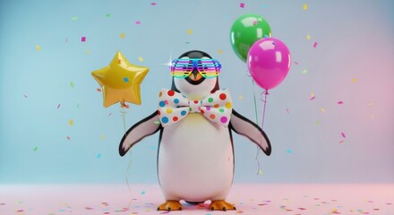 A cheerful cartoon penguin wearing a polka dot bow tie and rainbow sunglasses, surrounded by balloons and confetti, celebrating a party.