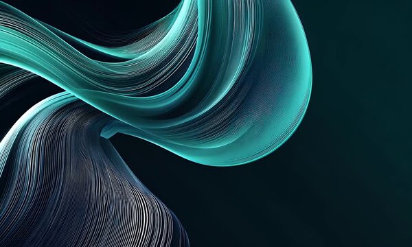 Abstract flowing luminous strands of teal and blue light swirl and curve against a dark background creating a sense of depth and movement