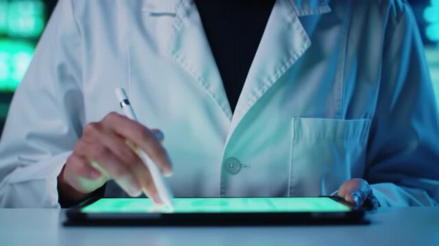 ecu of gender-neutral researcher in crisp lab coat using stylus on glowing tablet, hands illuminated by blue/green light. Futuristic lab with bokeh. Concept of advanced digital research