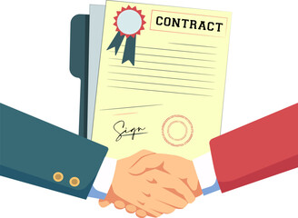 Man shaking hands over a signed contract vector file. 