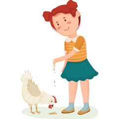 Illustration of a cheerful young girl with auburn hair and playful buns feeding a white chicken with seeds on a light green grassy surface with a transparent background