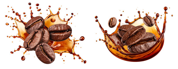 Set of Roasted Coffee Beans with Dynamic Coffee Splash — Transparent PNG