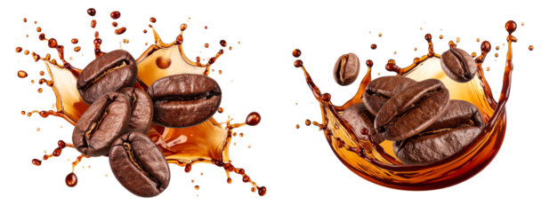 Set of Roasted Coffee Beans with Dynamic Coffee Splash — Transparent PNG