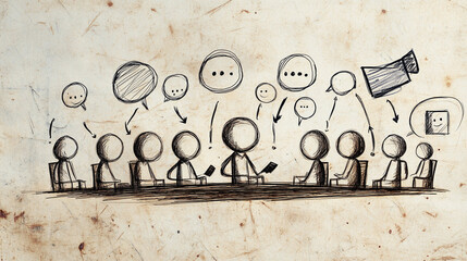 A group of stick figures sitting at a round table, having a deep conversation, with speech bubbles above their heads and minimalist sketches of objects around them