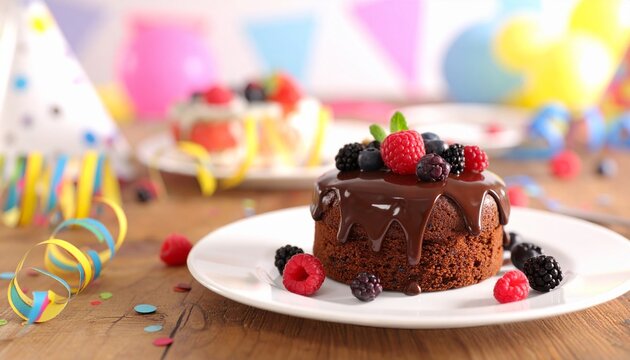 Festive birthday party table with a delicious small chocolate cake topped with a rich glaze and fresh mixed berries, with colorful decorations in the background