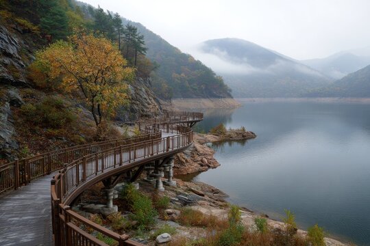 Walkway along Geumgang Grand Bridge offers stunning views of Cheongc and nearby mountains on a misty autumn morning