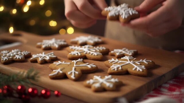 Christmas cookies and gingerbread on a wooden board, cozy baking scene.