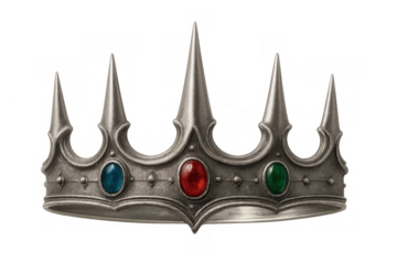 Silver crown with jewels for monarchy, power, and fantasy themes, having a transparent background
