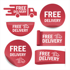 free shipping, free delivery sale banners. Red ribbons, tags and stickers. Vector illustration.