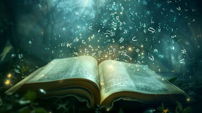 Open storybook with letters and symbols flying out like magic, dreamy surreal background.