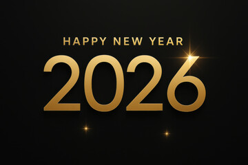 Happy New Year 2026 golden text on dark background with elegant lighting accents and stylish modern typography.