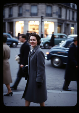 Woman on a Paris street during New Year&rsquo;s Eve 1958 with passing cars and blurred pedestrians in a candid mid smile snapshot