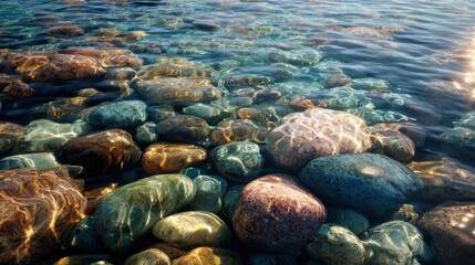 Obraz premium Sunlit smooth stones create a peaceful scene submerged in clear shallow water at a serene location