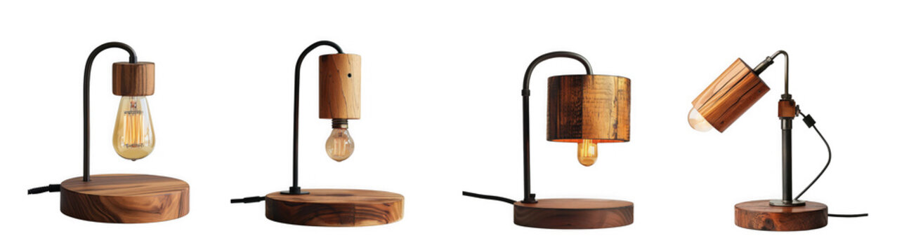 Set of four rustic wooden table lamps with edison bulbs and natural wood slice bases, isolated on transparent background