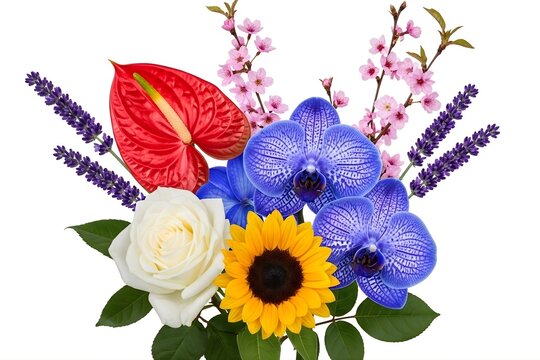 Vibrant mixed flower bouquet with orchid rose sunflower anthurium and lavender - Powered by Adobe