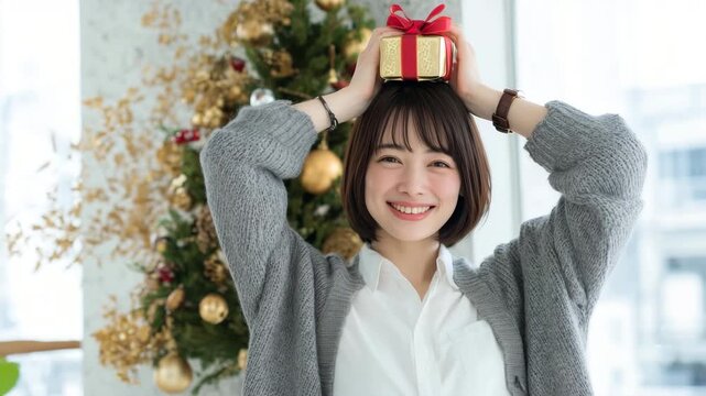 女性が白シャツ灰色ニットで帰宅後の微笑み